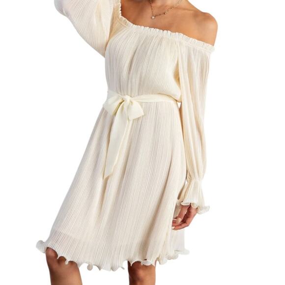 easel Dresses & Skirts - Easel Chiffon Dreams Woven Lined Cream Pleated Off The Shoulder Large Dress NWT